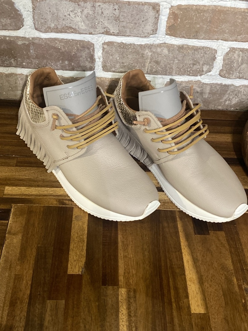 Essentials Taupe Leather Fringe Women’s Sneaker with Tan Laces